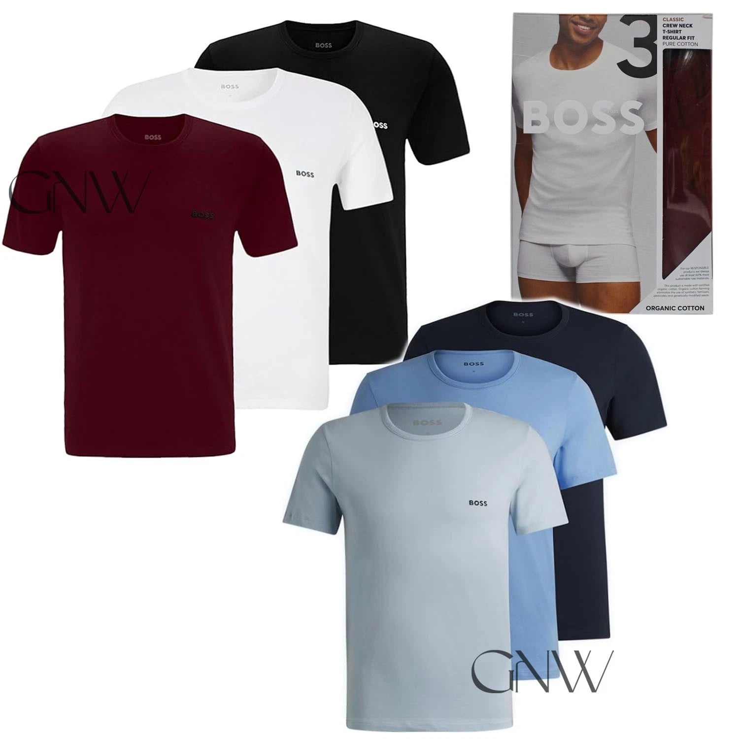 BOSS MEN CREW NECK SS LOGO T SHIRT 3 PACK ORGANIC COTTON Colour BLUES Was £45