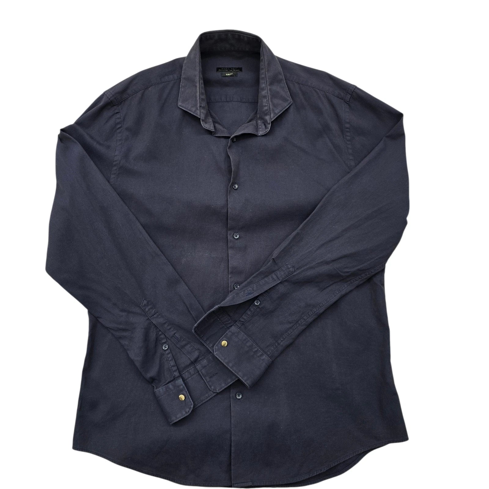 Zara Man Men's Navy Slim Fit Cotton Blend Canvas XL Button-Up Shirt Long Sleeve