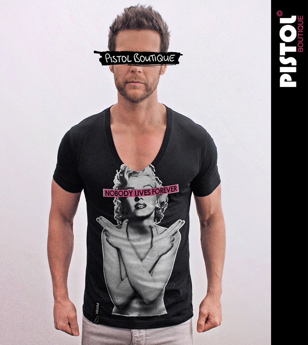 Pistol Boutique mens Fitted Black Deep V neck MARILYN MONROE GUN FINGERS T-shirt