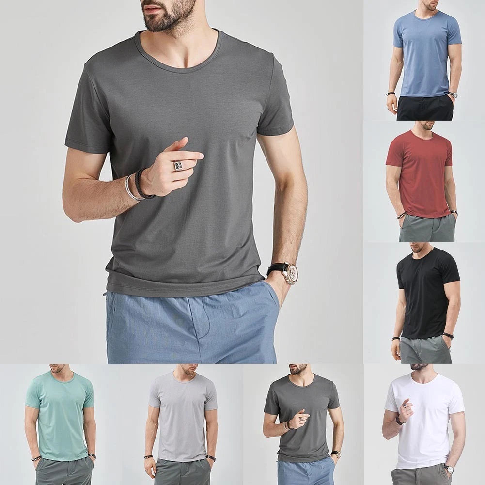 Men's Solid Color O-Neck T-Shirt Short Sleeve Slim Fit Casual Top Light Grey