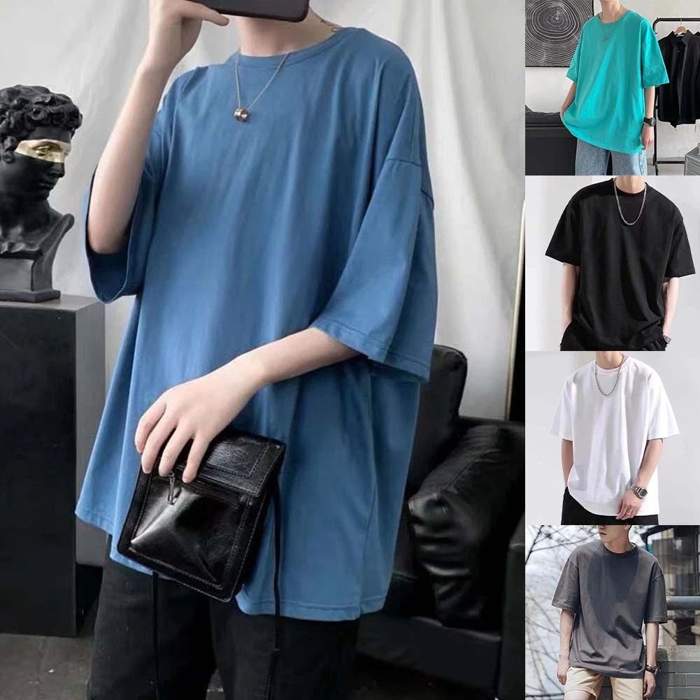 Mens Casual Loose Fit Oversized Summer Short Sleeve T Shirt Solid O Neck Top
