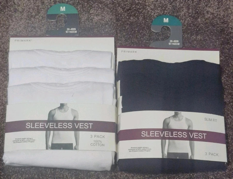 Primark Mens 3 Pack Sleeveless Vest Cotton Tank Top Training Gym Wear Slim Fit