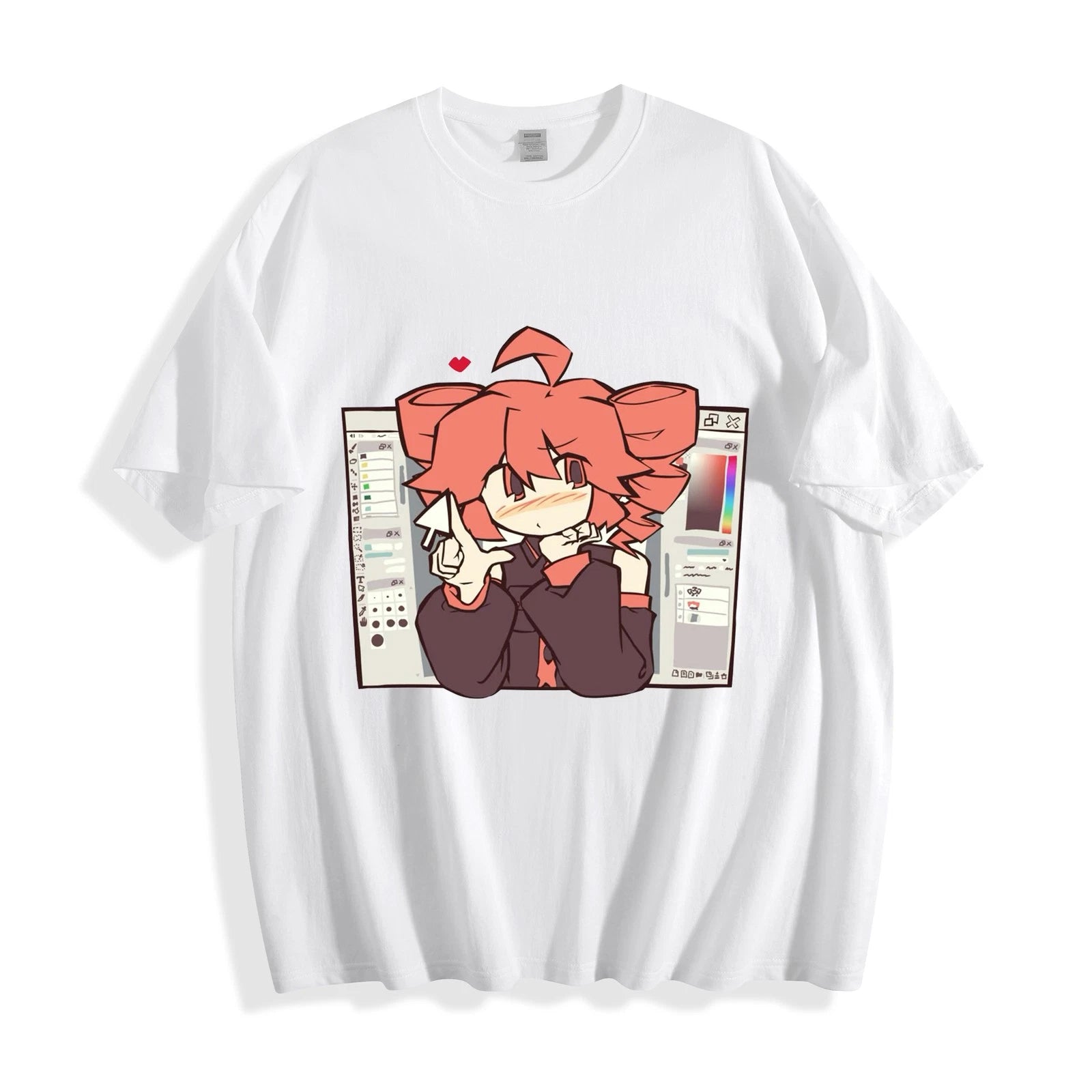 Kasane Teto Chibi Artist Desk T-Shirt - Drill Hair UTAU Girl Design Unisex Tee