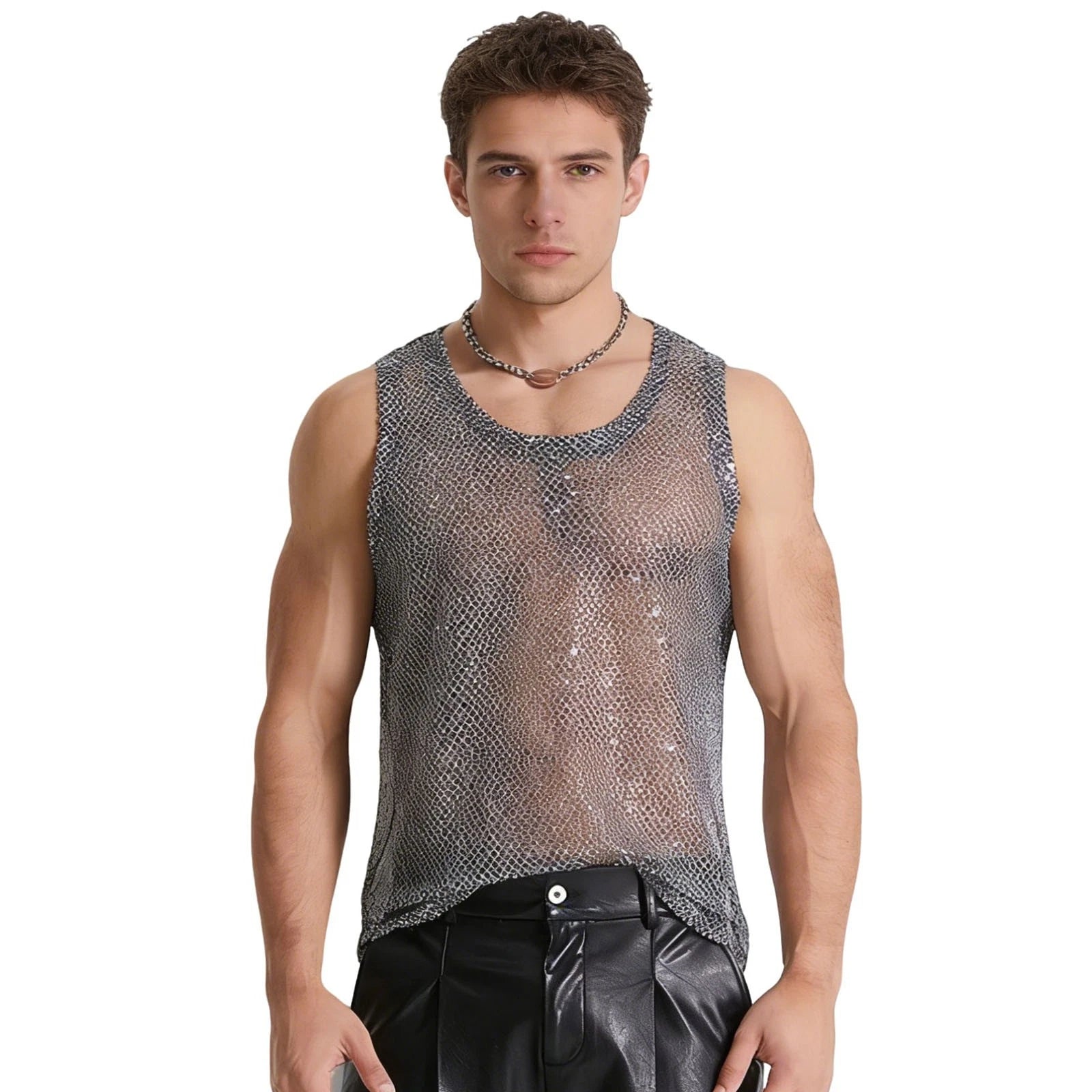 Men Top Fashionable Tank Lightweight Vest Rave Sleeveless Loose Fit Fishnet