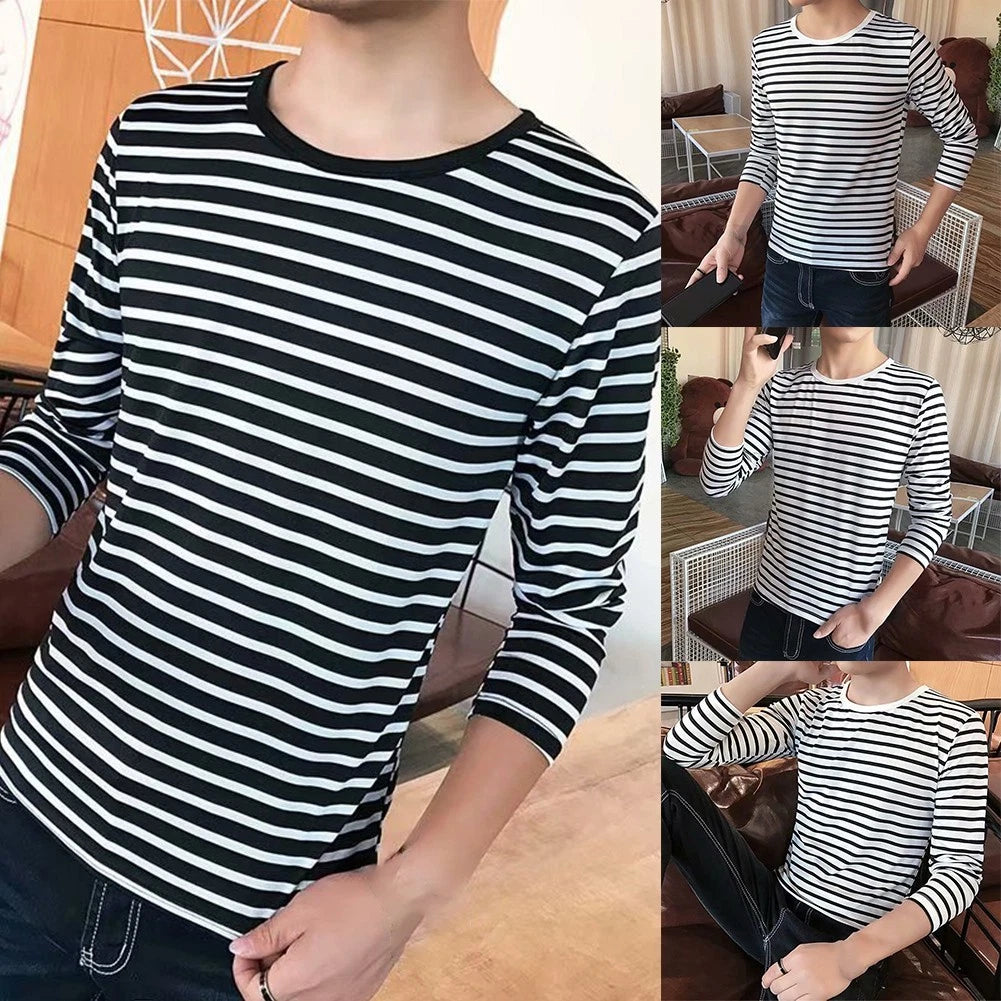 Stylish Men's Polyester Round Neck Stripe T Shirt Long Sleeve Undershirt