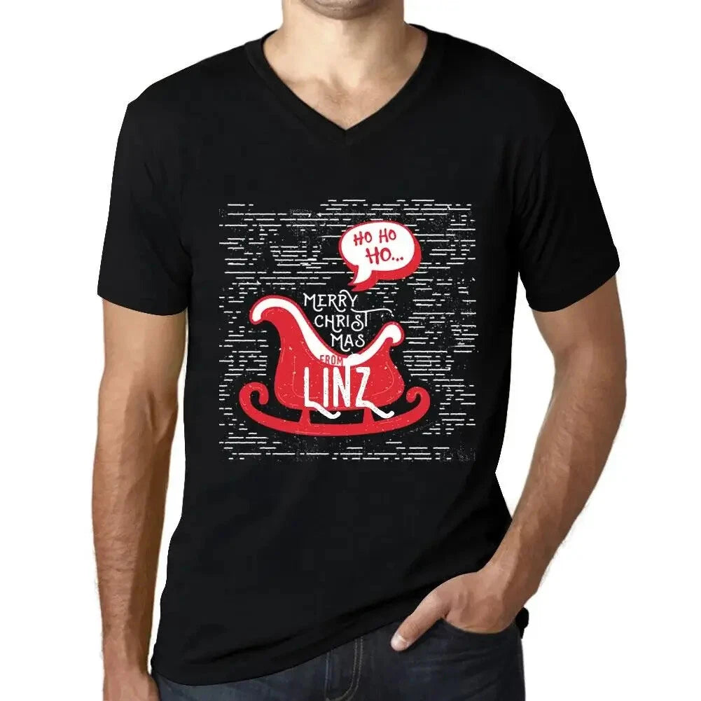 Men's Graphic T-Shirt V Neck Ho Ho Ho Merry Christmas From Linz Eco-Friendly
