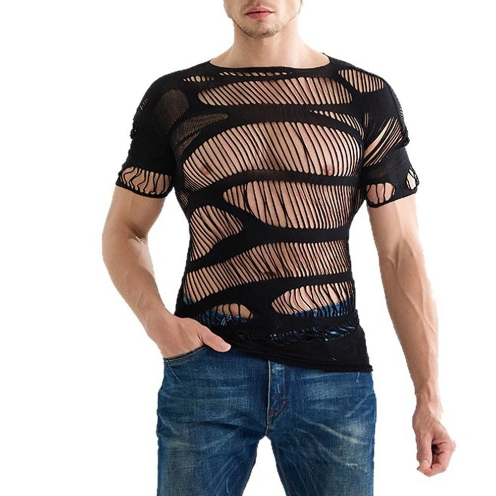 Men's Stylish Hollow Out Mesh T Shirts Short Sleeve O Neck Underwear Black