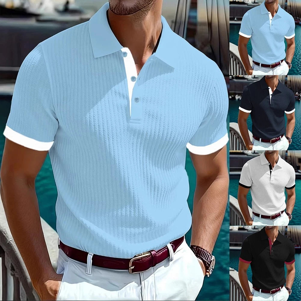 Men's Slim Fit Stripe Turn Down Collar Short Sleeve T Shirt Casual Daily Top