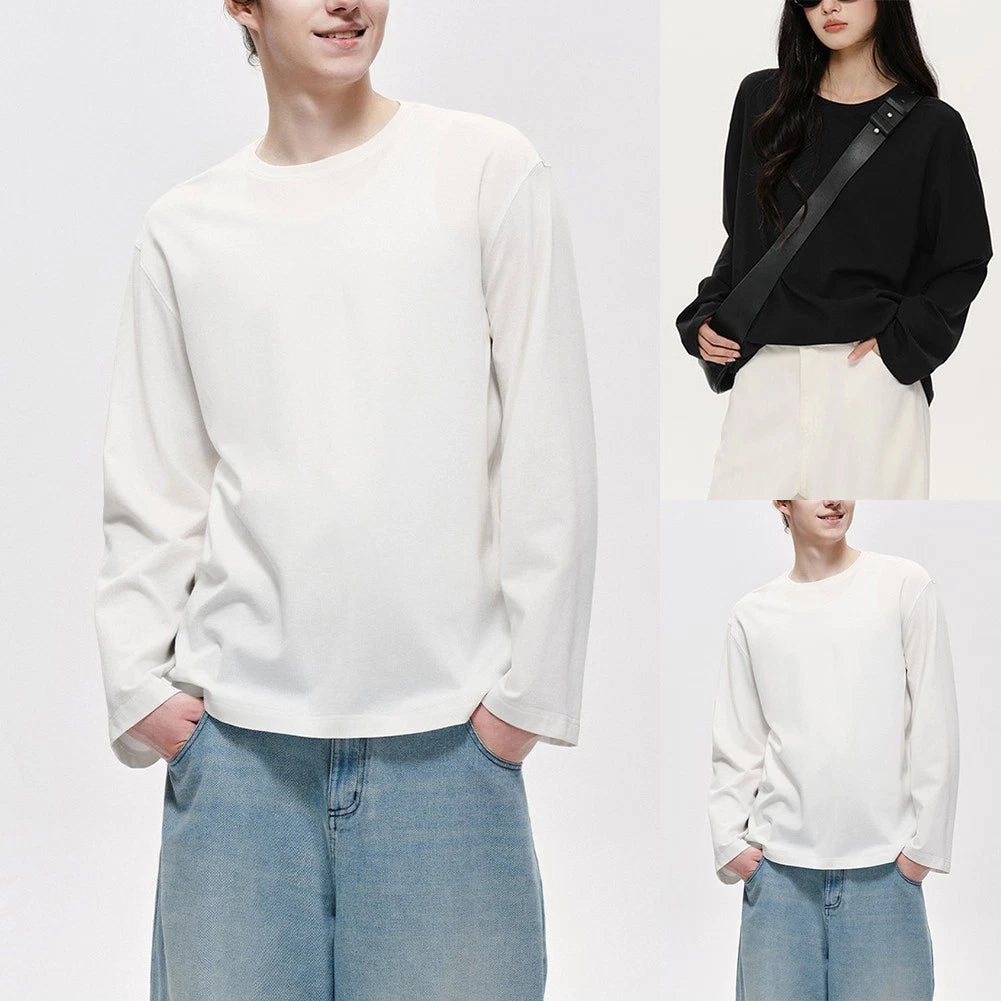 Mens Long Sleeve Crew Neck T Shirt Solid Color Basic Loose Daily Wear Top