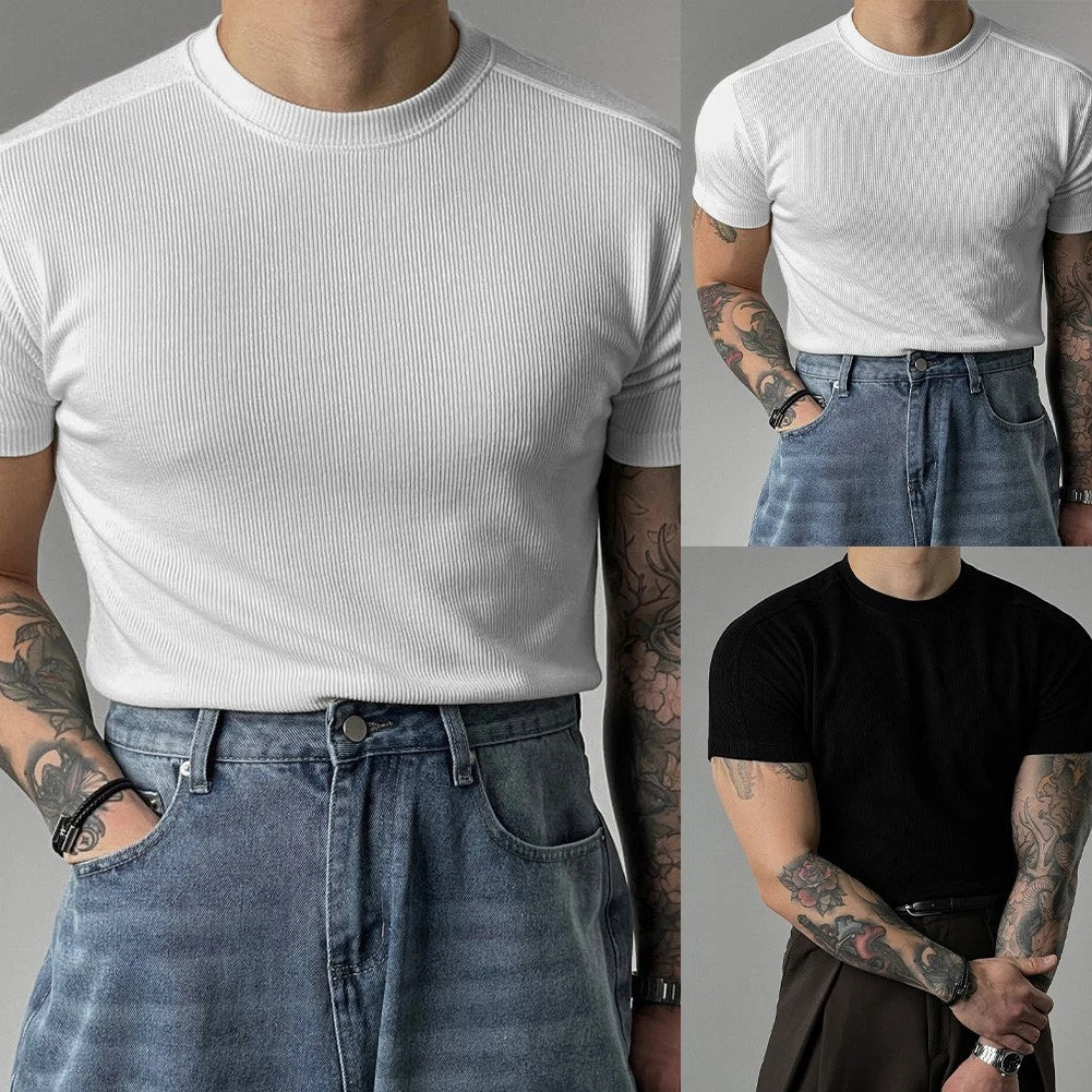 Men Fitness Tee Short Sleeve Small High Collar Slim Fit 95%Polyester+5%Spandex