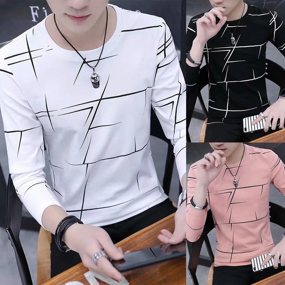 Fashion Men T-Shirt Blouse Casual Crew Neck Fashion Long Sleeve T Print
