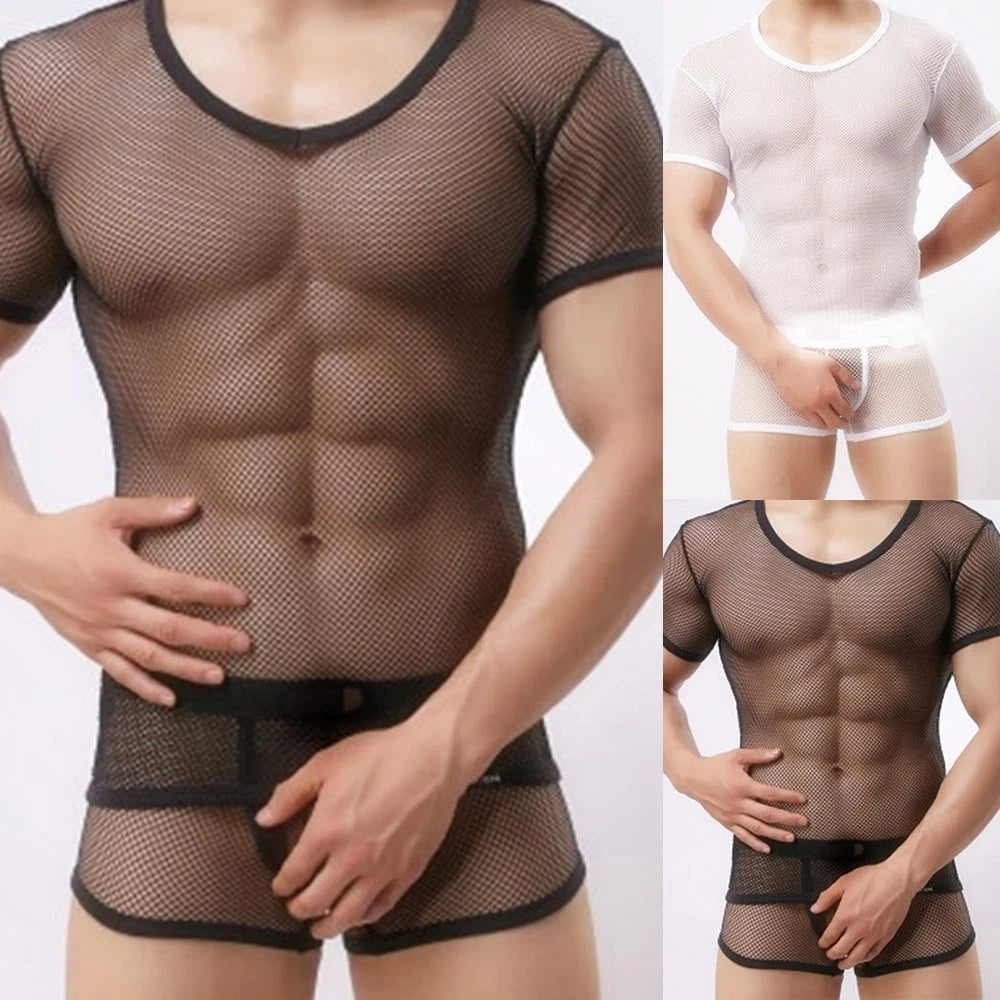 Stylish Mesh Fishnet Sleeveless Muscle T Shirt Men's See Through String Vest