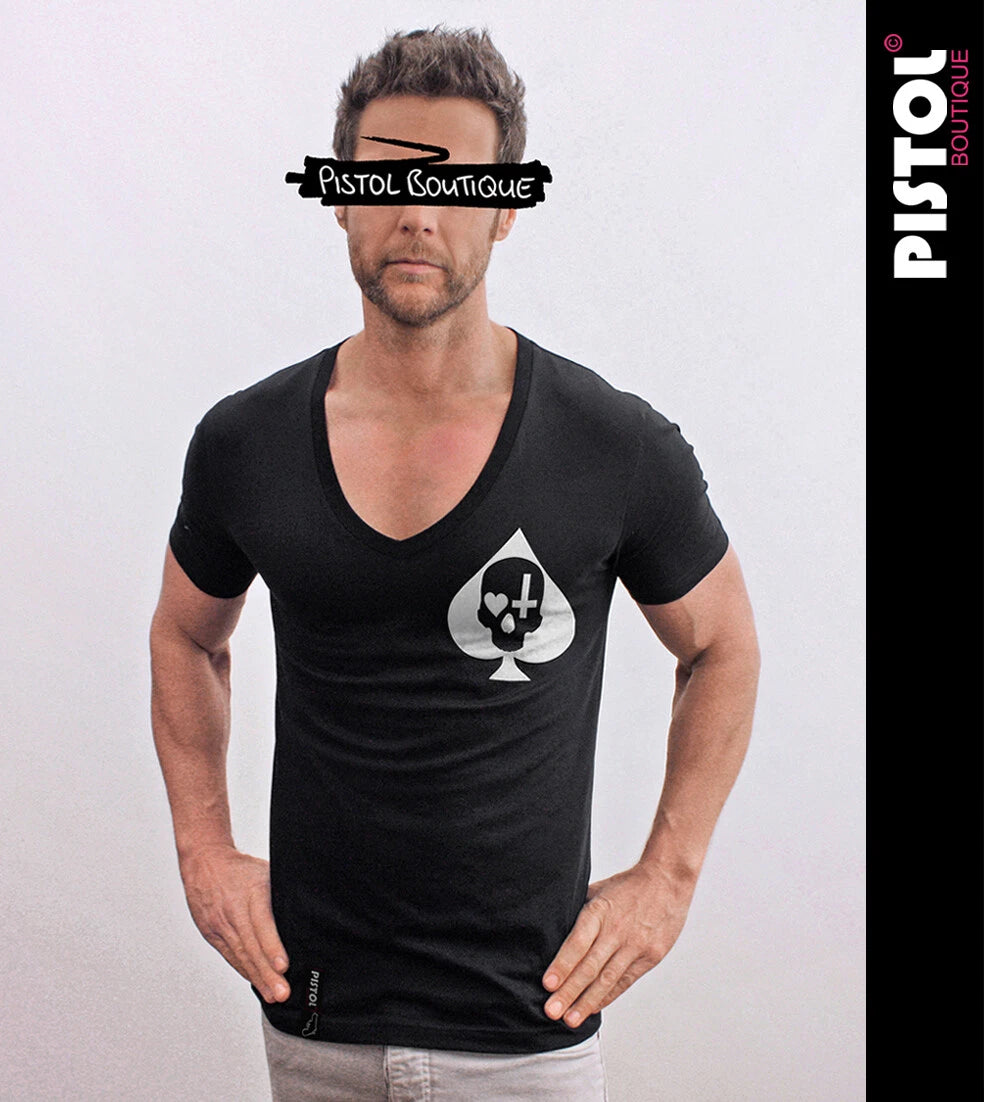 Pistol Boutique men's Black Deep V neck CHEST ACE SPADES SKULL CROSS T-shirt