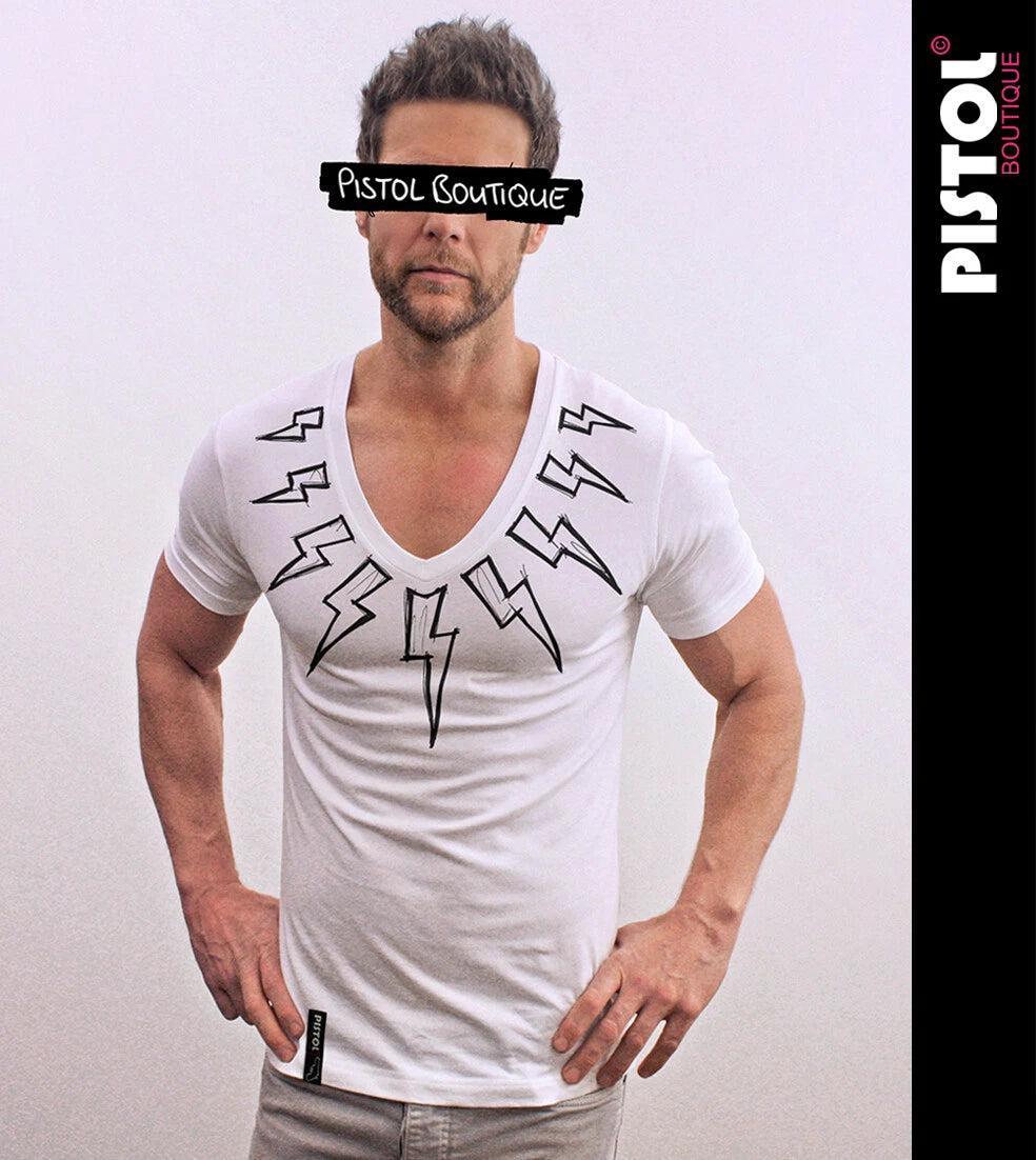 Pistol Boutique Men's Fitted White Deep V neck SKETCH LIGHTNING BOLTS T-shirt