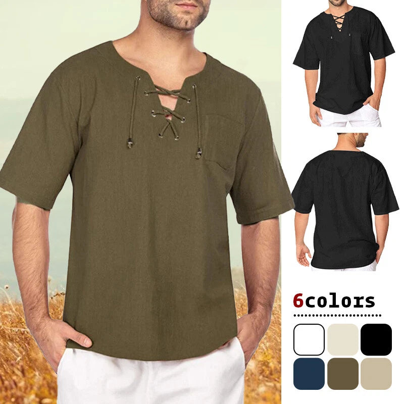 Mens Cotton Linen Short Sleeve T-shirt Casual Fit Formal Loose V Neck Tee Tops