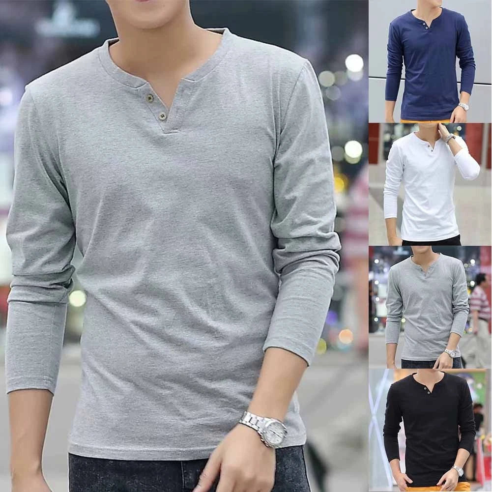 Stylish Henley Button Long Sleeve Shirts for Men Slim Bottoming and Soft Cotton