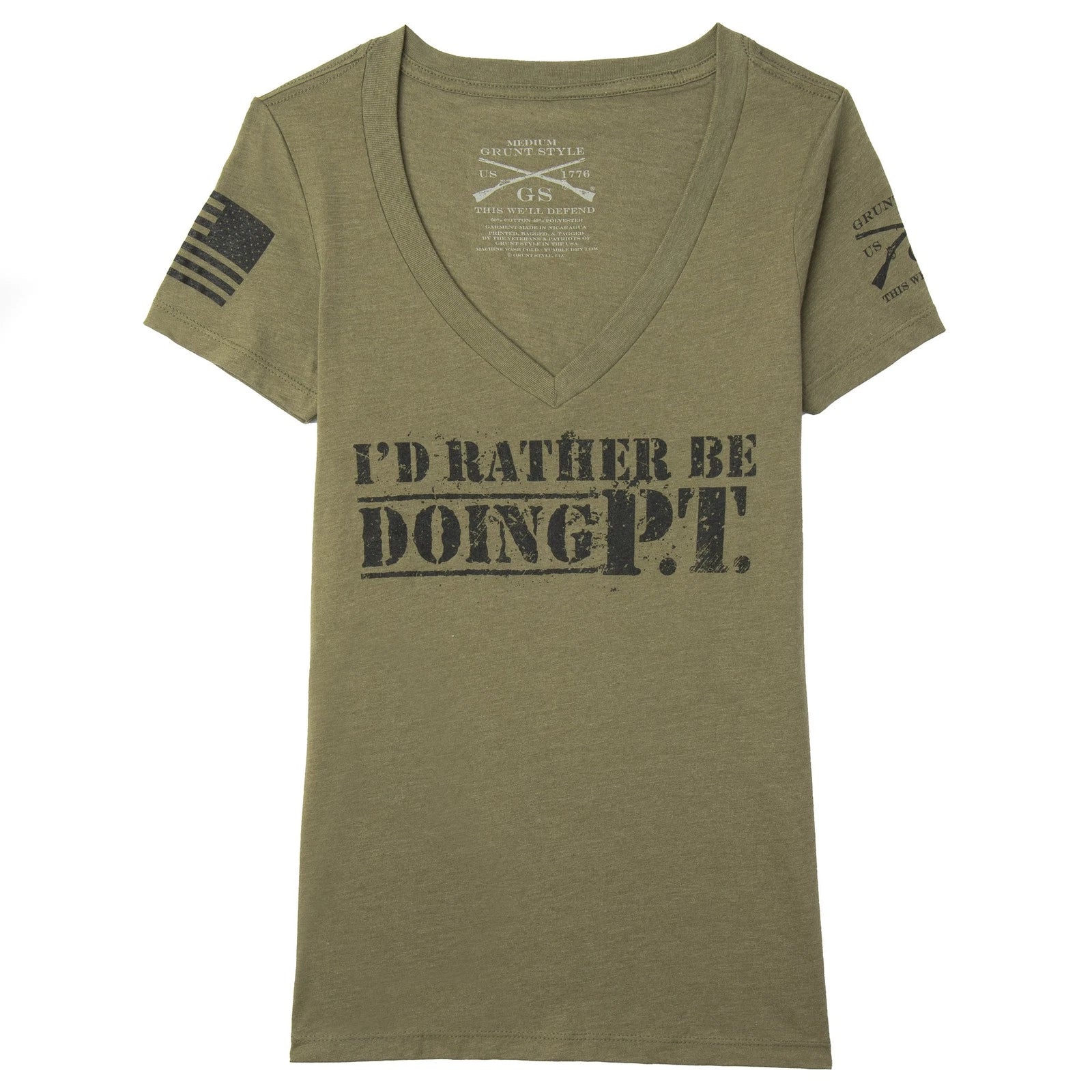 Grunt Style Women's I'd Rather Be Doing PT V-Neck T-Shirt - Military Green