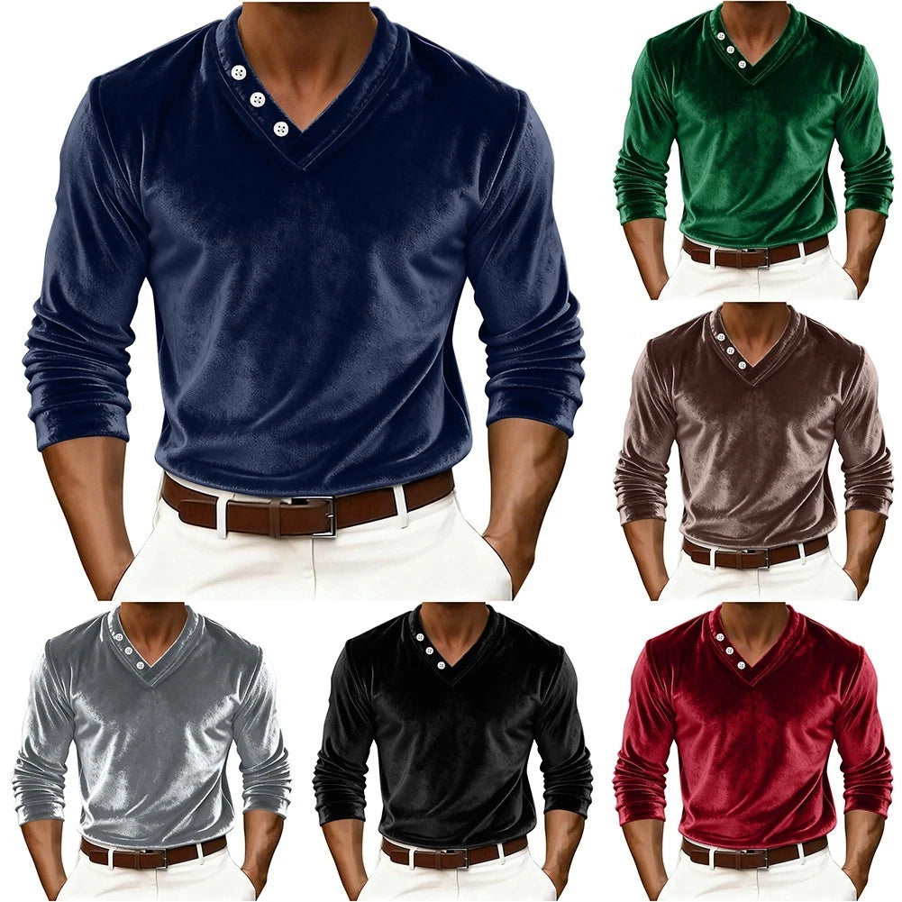 Velvet Stretch Tee Slim Fit Long Sleeve Pullover Solid Color Regular Length
