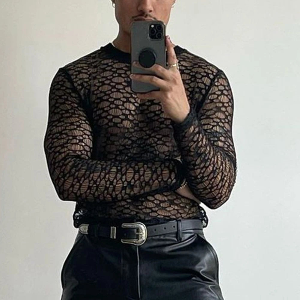 Men Street Style Mesh Hollow Sheer Long Sleeve T Shirt for Daily Club Wear