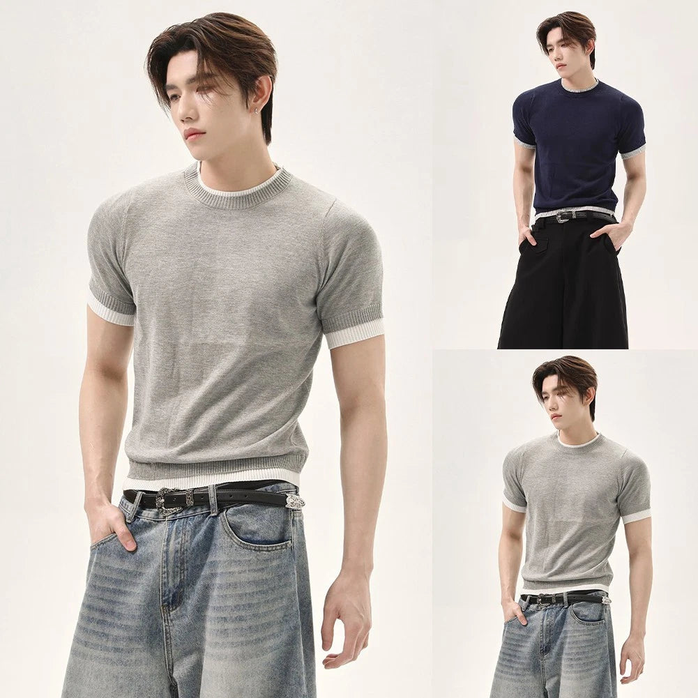 Splicing Pullover Men Knit T-shirt Daily Wear Summer Short Sleeve Regular Length