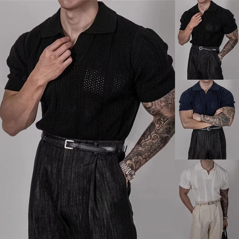 Korean Men Hollow Lapel Knit T Shirt Textured Pattern for Regular Daily Wear