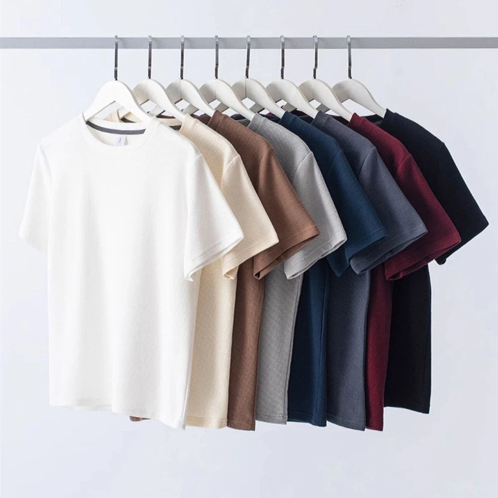 Men Pullover Waffle Short Sleeve T Shirt Solid Round Neck Loose Fit Daily Wear