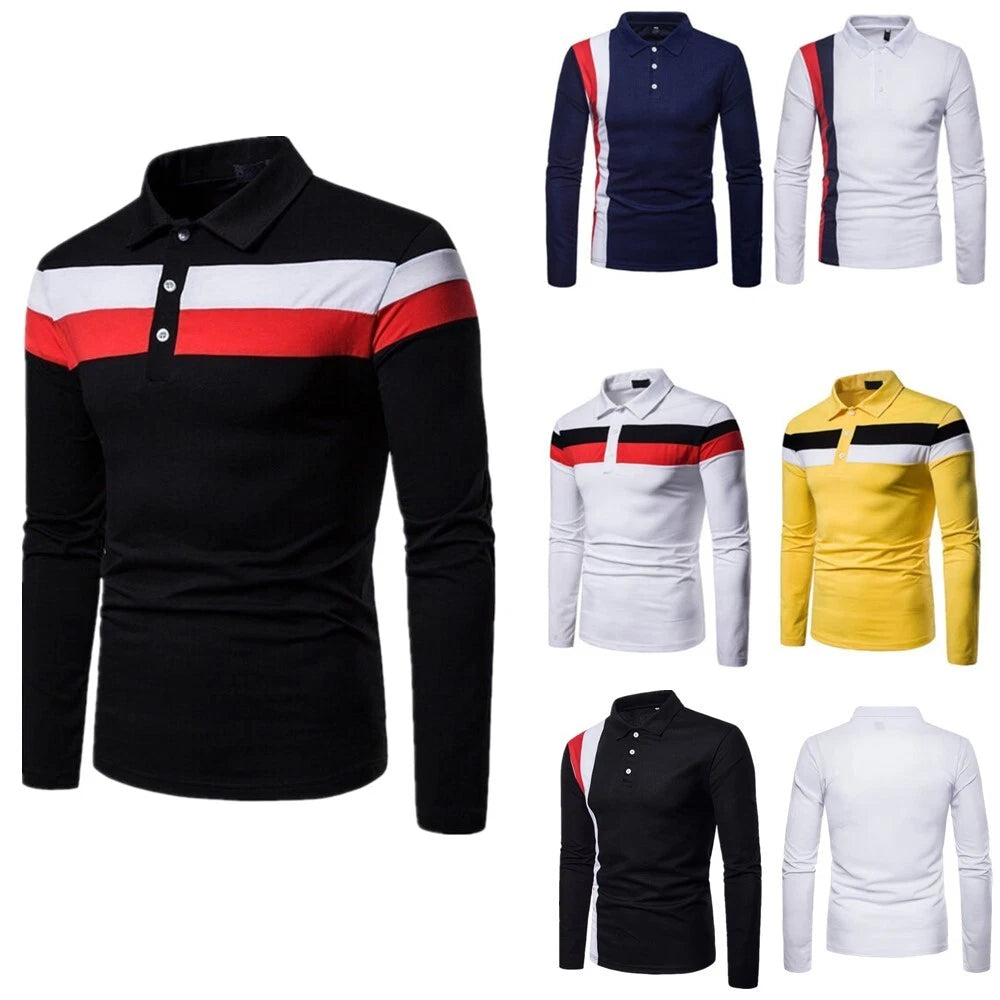 Men Casual Long Sleeve Stripe Contrast Shirts Slim Fit Lapel Button T-Shirt Tops