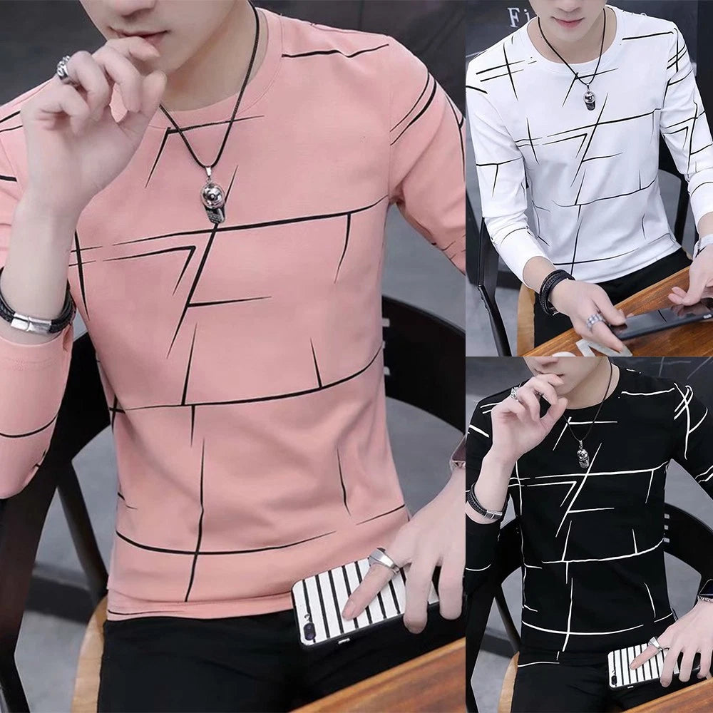 Long Sleeve Slim Fit Crew Neck T shirt Muscle Top Print Blouse Pullover for Men