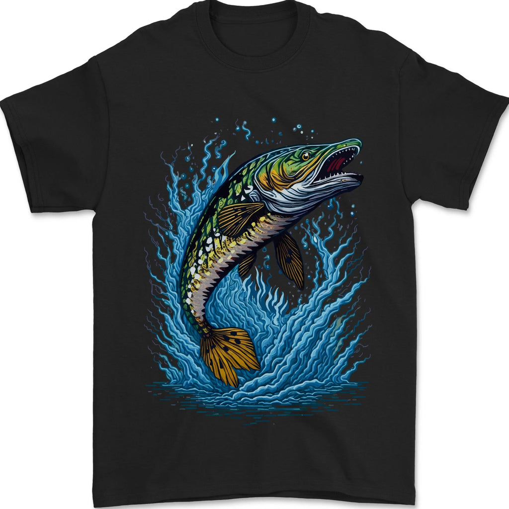 Jumping Pike Fish Fishing Fisherman Mens T-Shirt 100% Cotton
