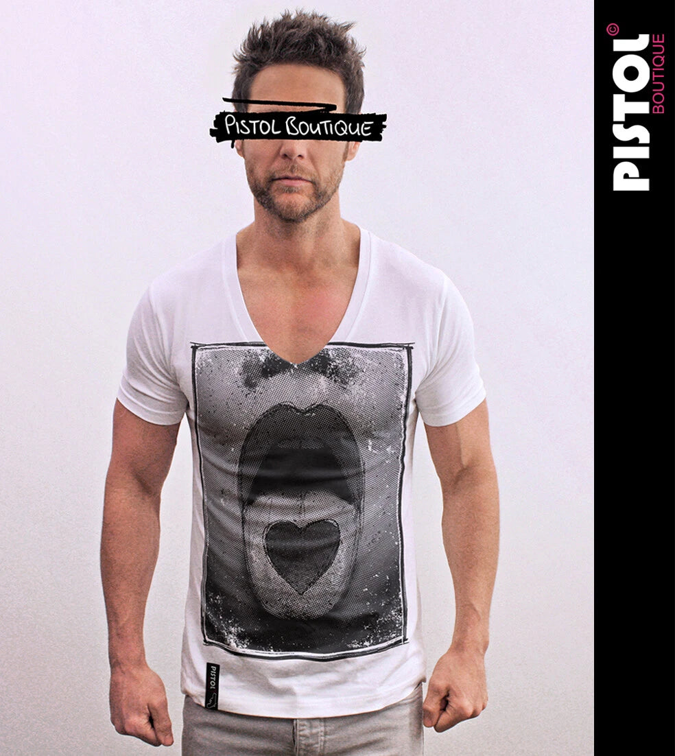 Pistol Boutique Men's Fitted White Deep V neck HEART TONGUE Fashion T-shirt