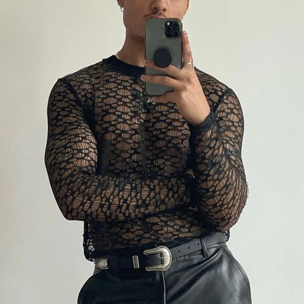 For Layering Men Mesh Tee For Daily Wear Mesh Fabric Sheer Look Loose Fit
