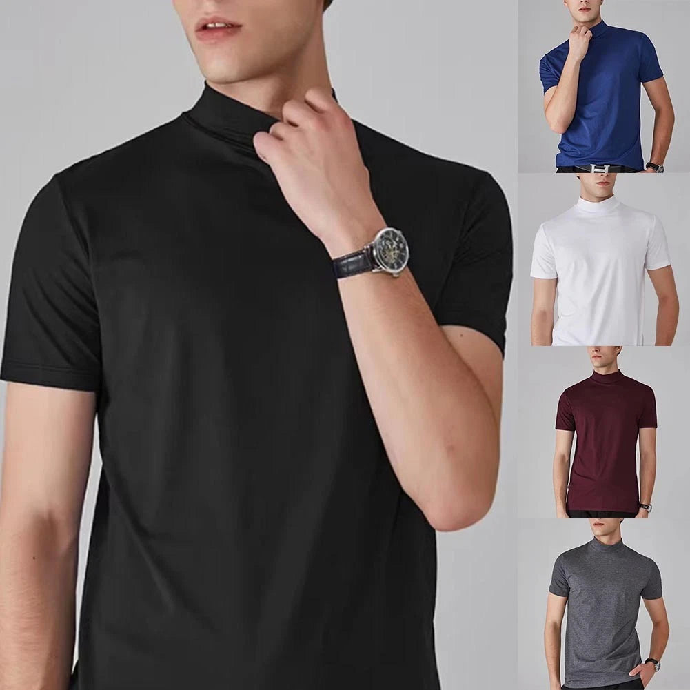 For Daily Wear Half High Collar Tee Solid Pullover Shirt 95%Polyester 5%Spandex