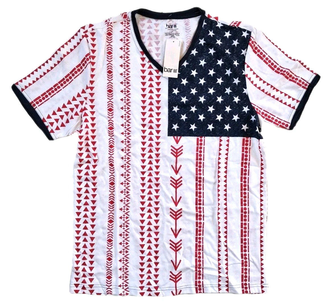 Bar III Macys Shirt New Mens Large Short Sleeve American Flag Fashion Designer