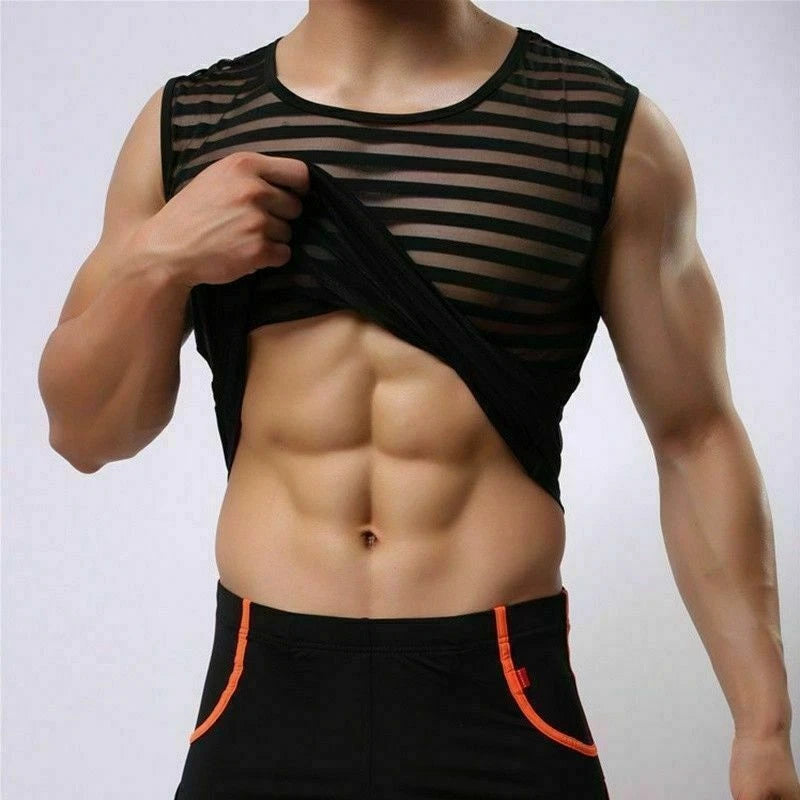 Men Sleeveless Striped T-shirt Mesh Stretch Top Vest Tee Shirt Breathable Summer