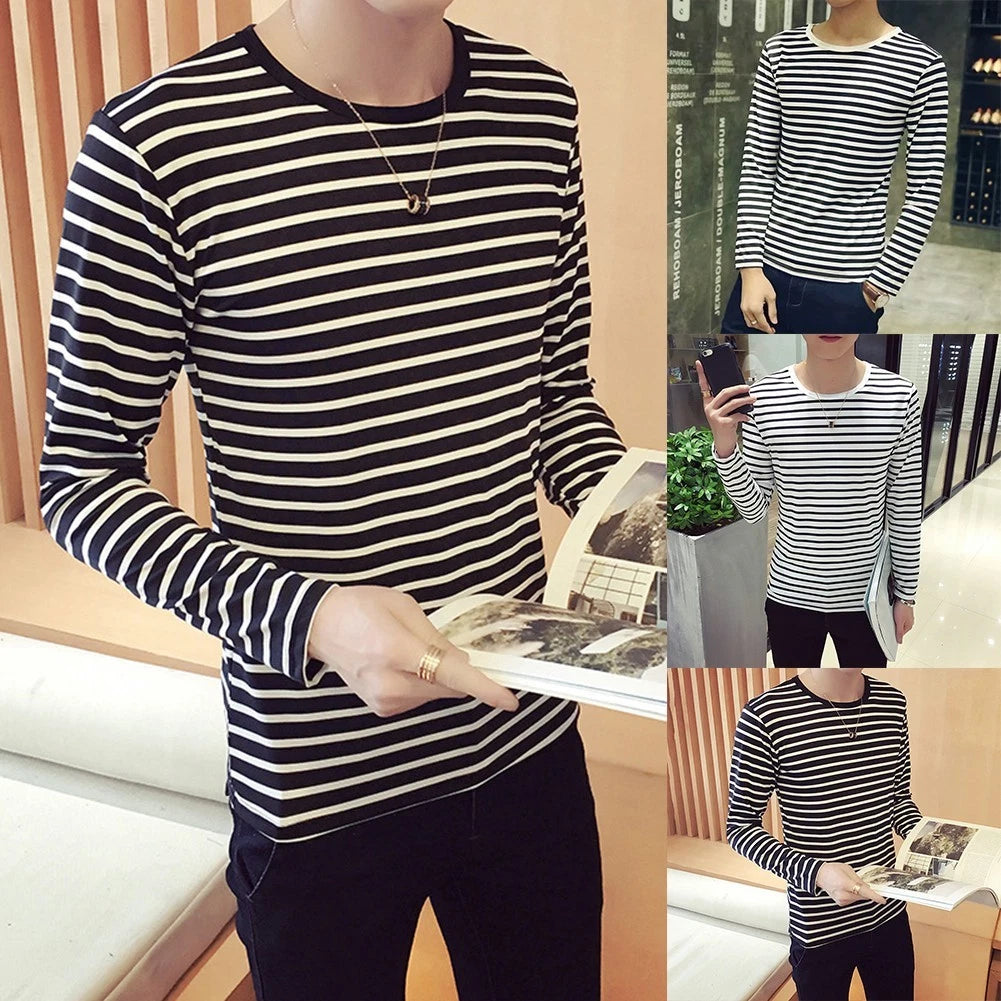 Fashionable Design Korean Casual Tops Black White Striped O-neck Neckline