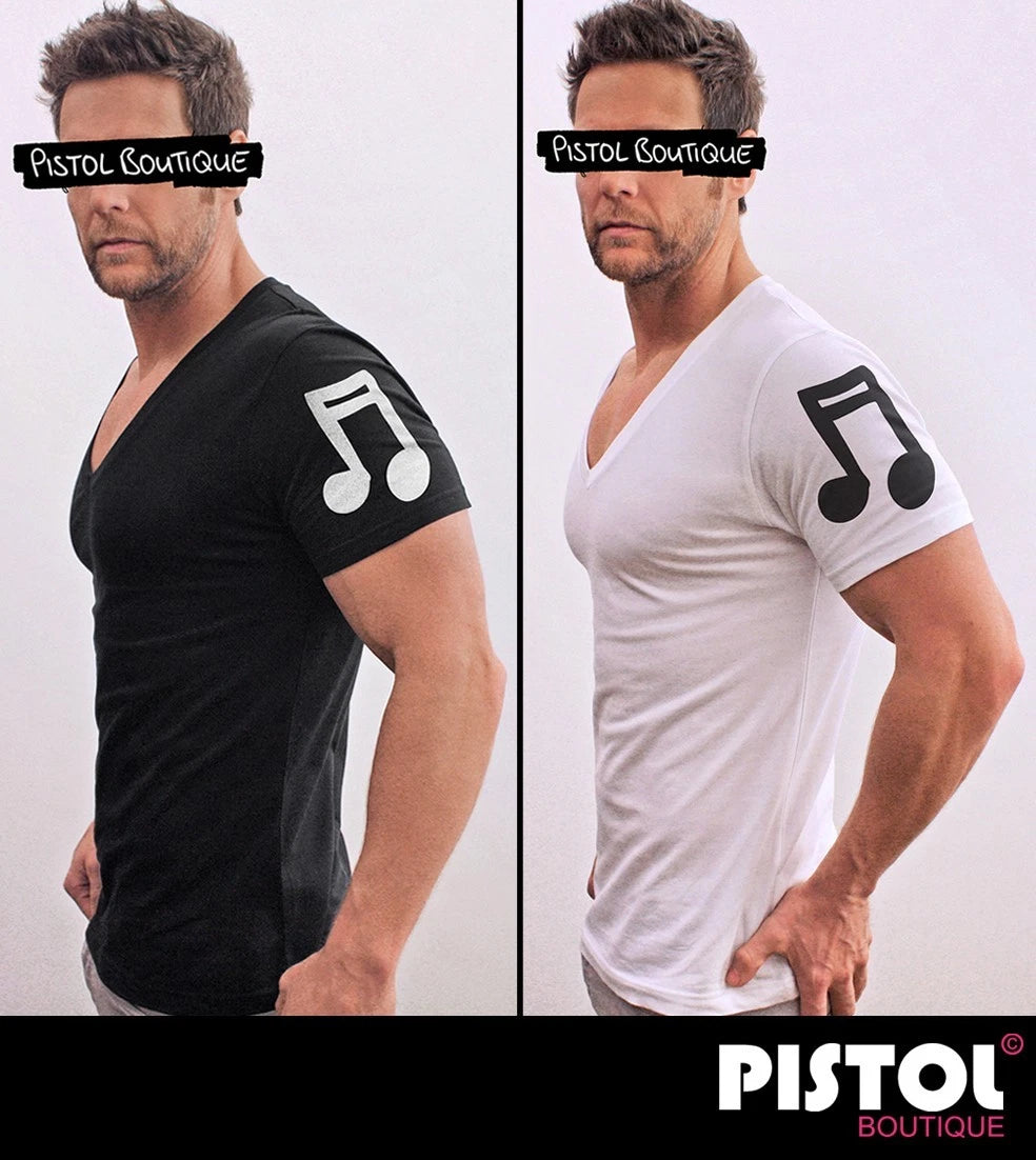 Pistol Boutique Herren Slim Fit Musik Noten Print T-Shirt V-Ausschnitt