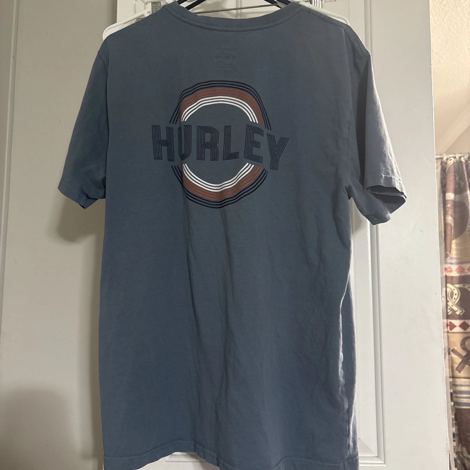 Hurley Graphic T- Shirt, Blue, Orange White  Short Sleeve Logo Large