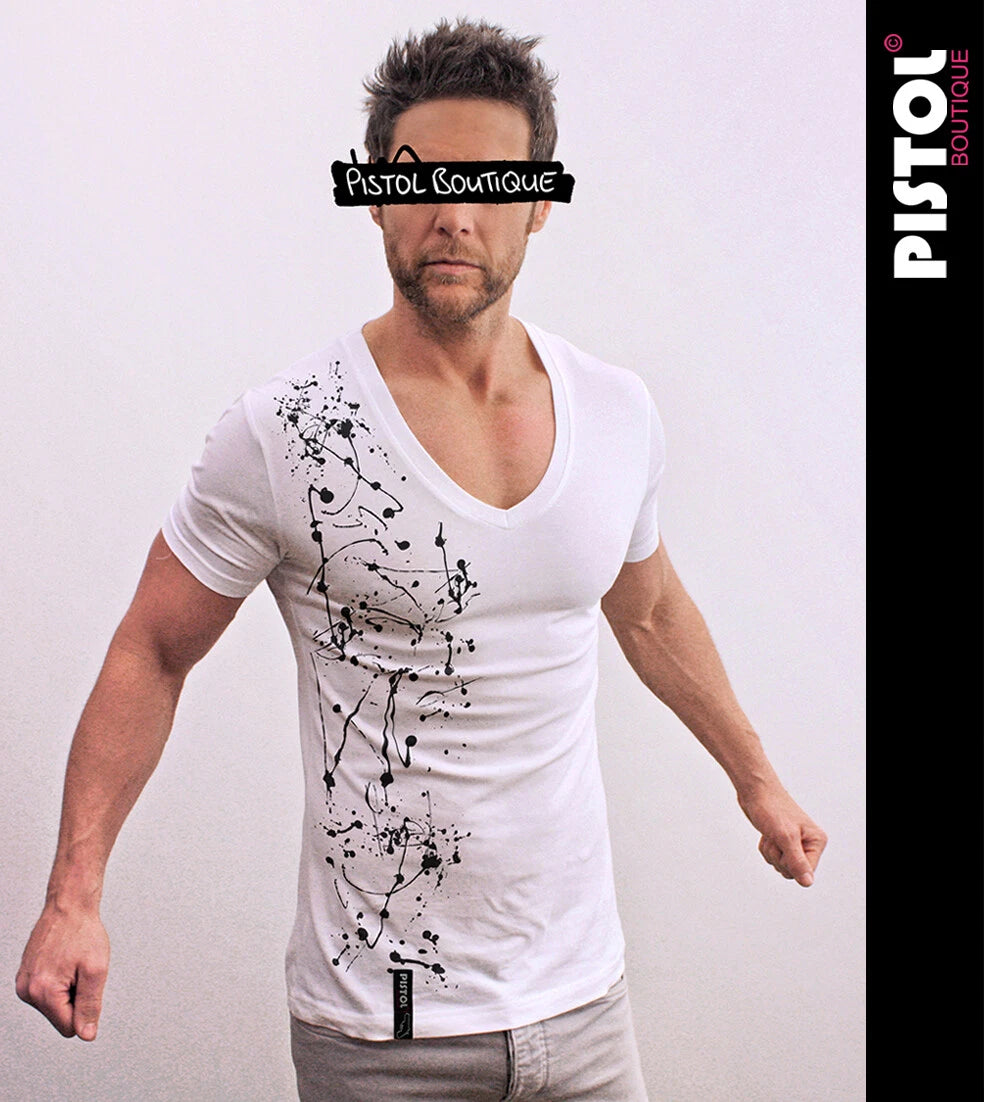 Pistol Boutique Men's Fitted White Deep V Neck GRAFFITI PAINT SPLATS T-shirt