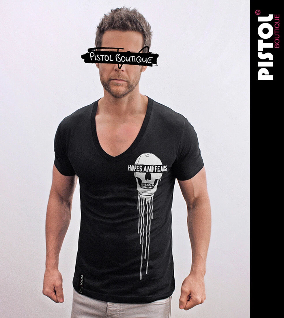 Pistol Boutique Herren Slim Fit Schwarzes V-Ausschnitt Skull T-Shirt