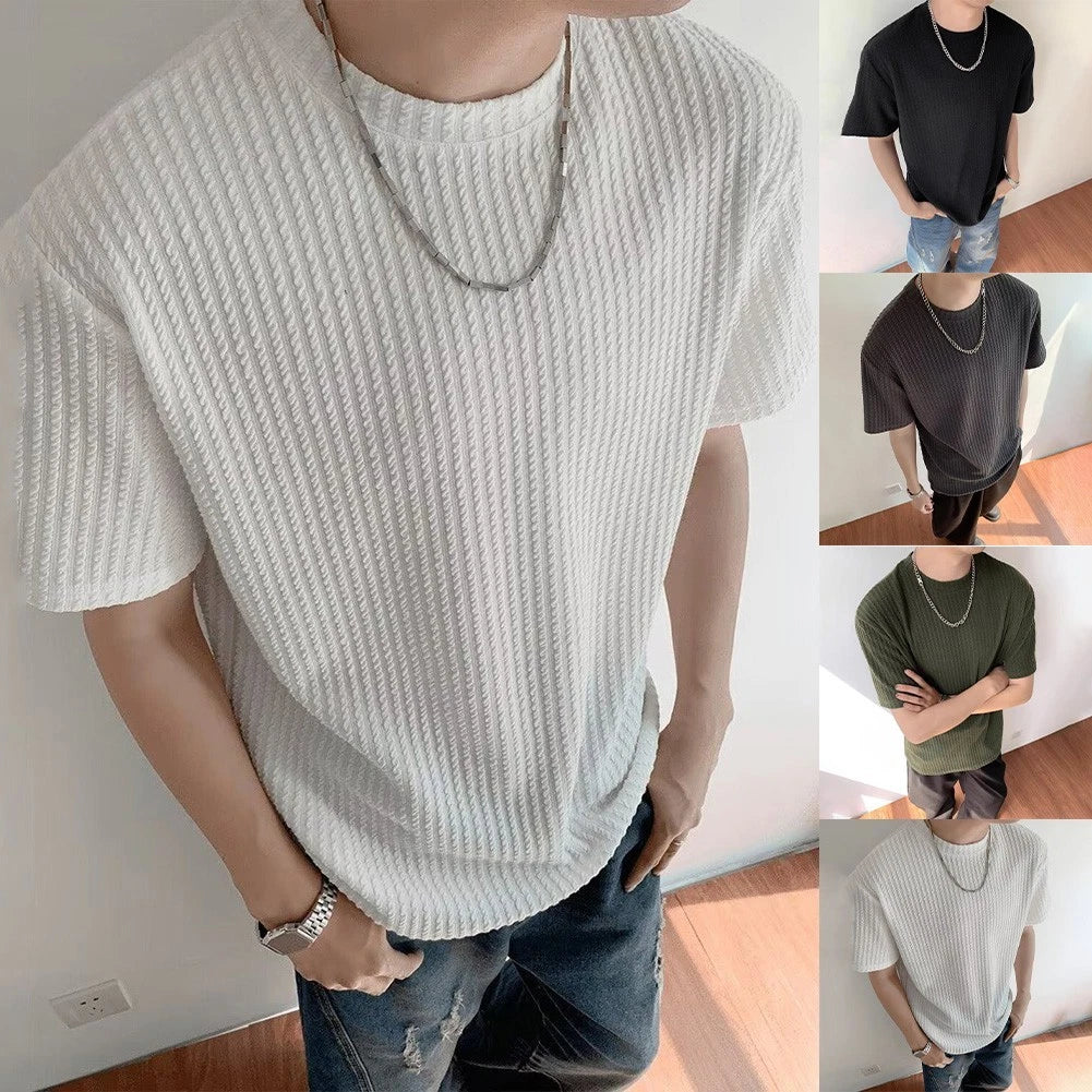 Ribbed Slim Fit Knit T Shirt for Men Short Sleeve Crew Neck Casual Top