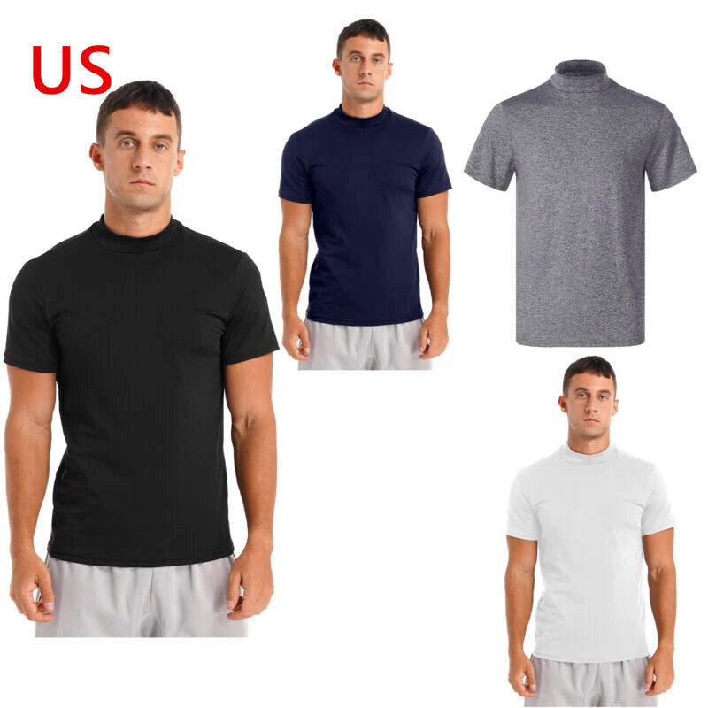 Men Mock Neck T-shirt Short Sleeve Undershirt Casual Solid Color Slim Fit AU