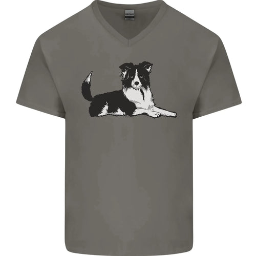 A Border Collie Dog Lying Down Mens V-Neck Cotton T-Shirt