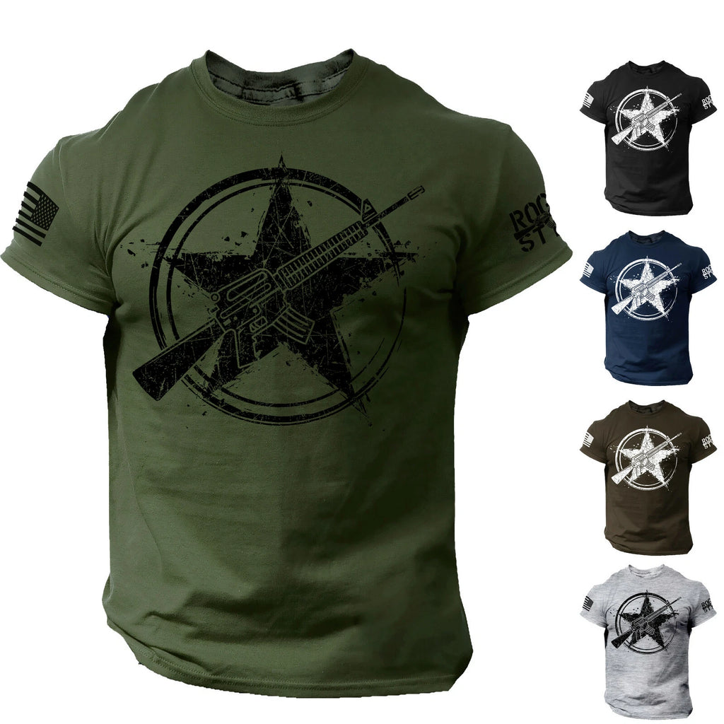 America Gun Star Men's T Shirt Rifle Flag USA Warrior Military Style Tee