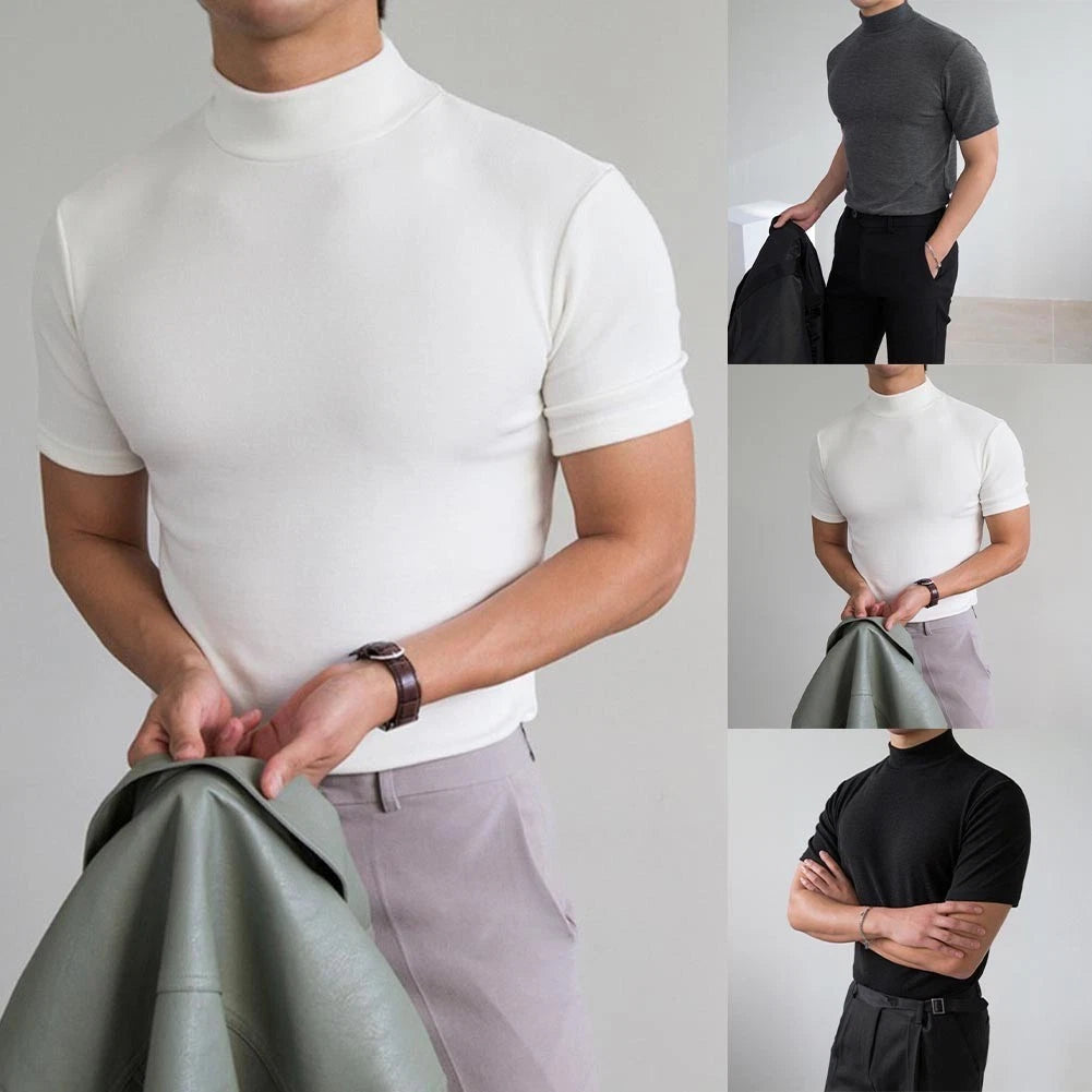 Slim Fit Breathable T Shirt for Men Half High Collar Polyester Spandex Mix