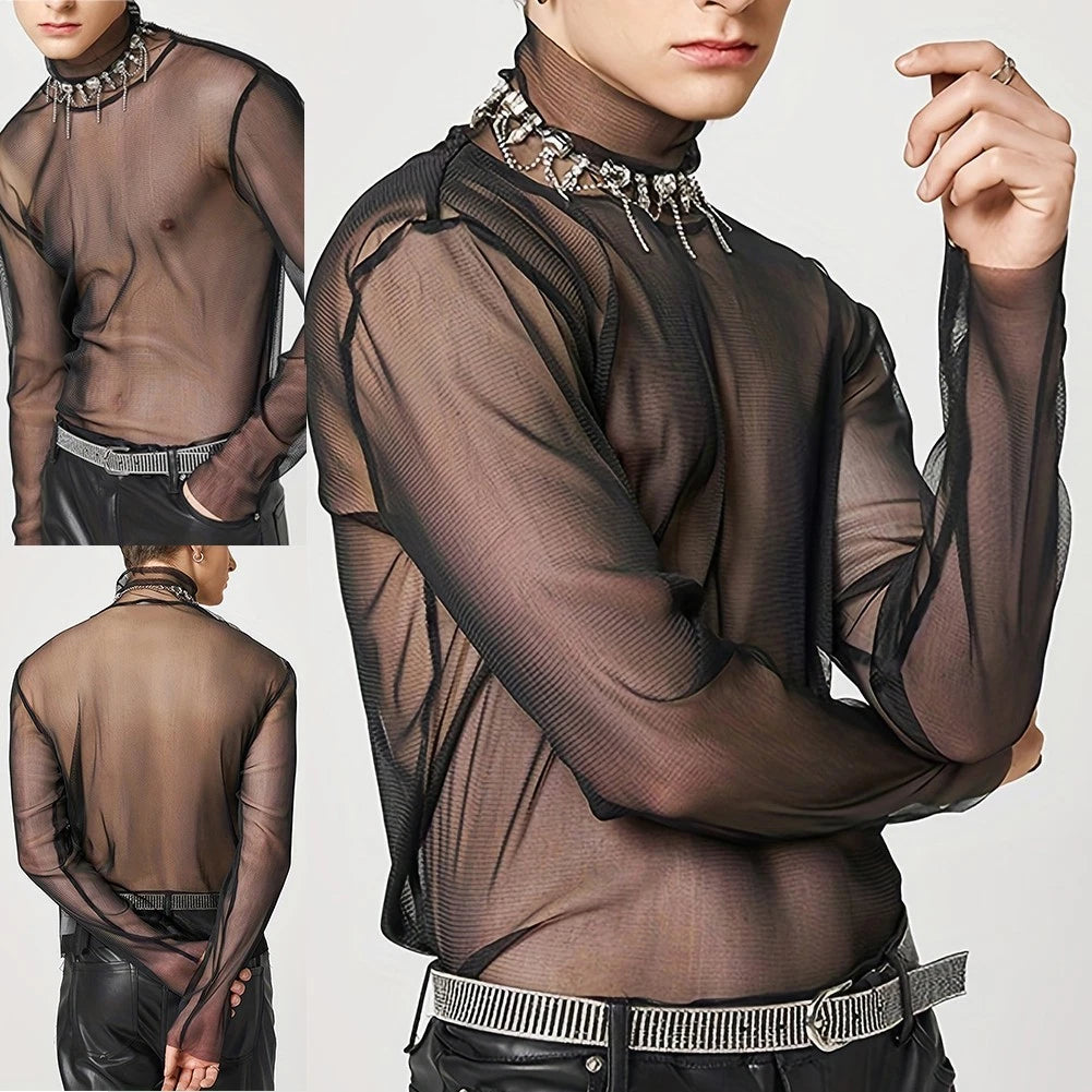 Unique Transparent Solid Mesh Turtleneck for Men Fashionable Streetwear