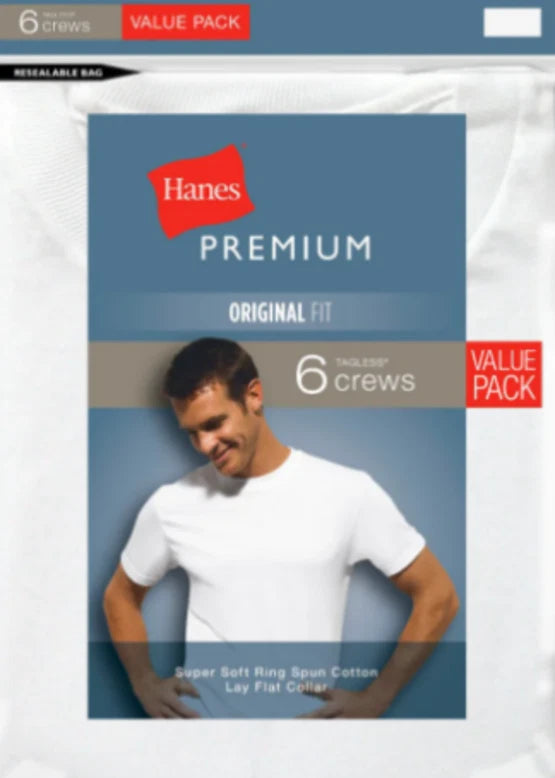 NEW Hanes Men's Premium 6-Pack Crew Neck Shirts White Size Small 34"-36"