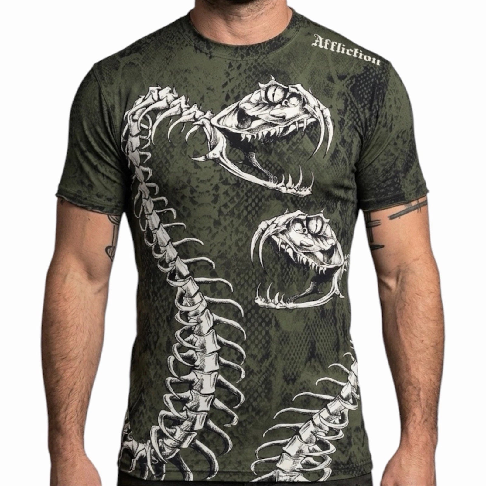 $58 AFFLICTION Military Green SKELETAL SNAKE Short Sleeve Slim Fit Y2K T-shirt