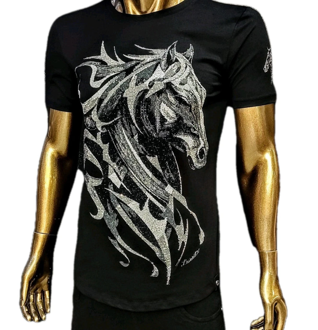 Men's Italian fashion Short Sleeve black T-shirt Silver rhinestone Arabian Horse