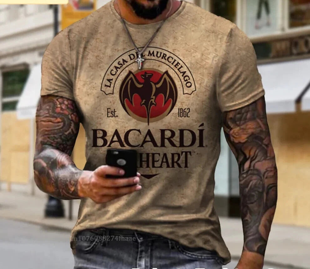 Gold Men Bacardi Rum Pattern T Shirt Vintage Short Sleeve Tees 3D Print