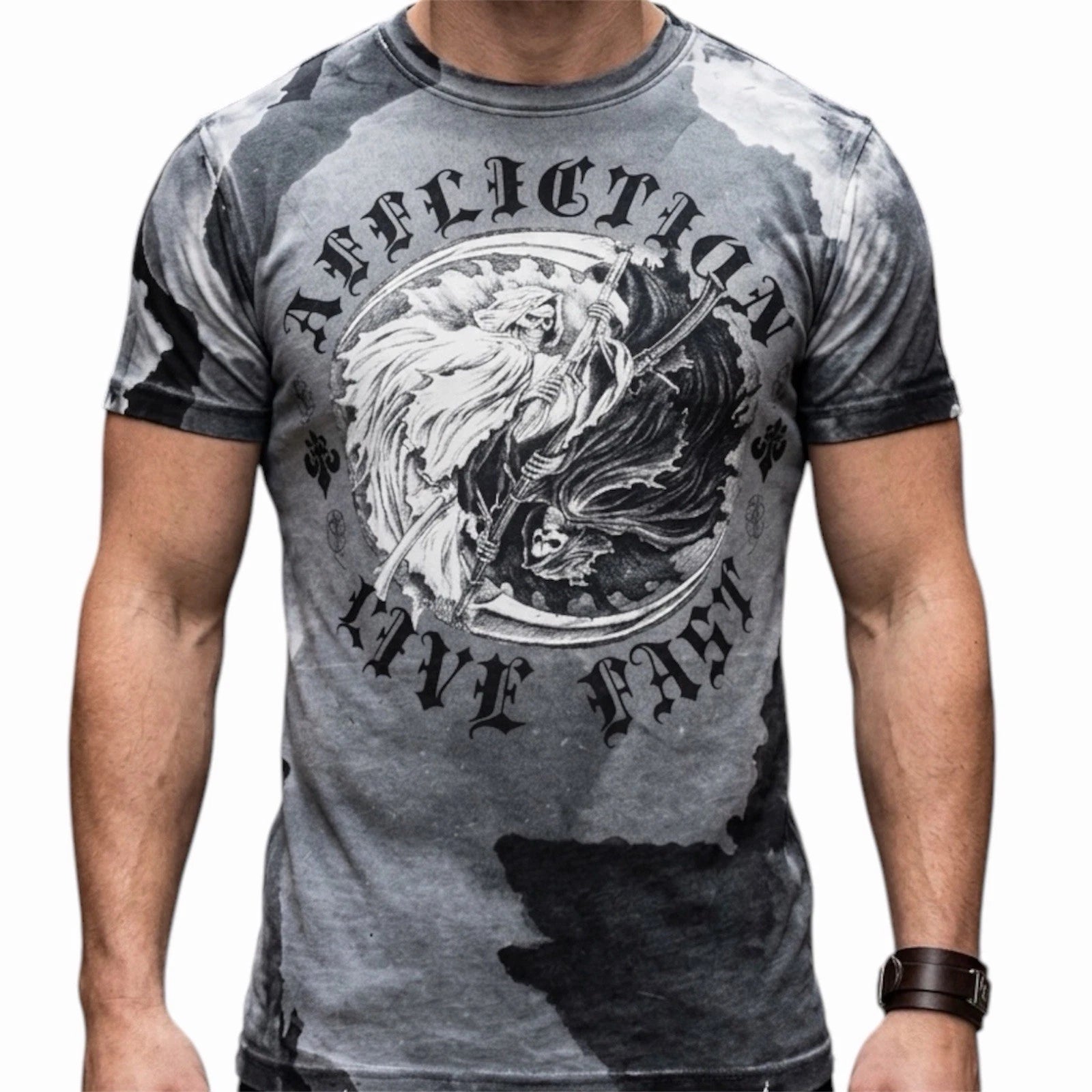 $58 AFFLICTION White Black YING YANG Short Sleeve Slim Fit Y2K T-shirt NWT